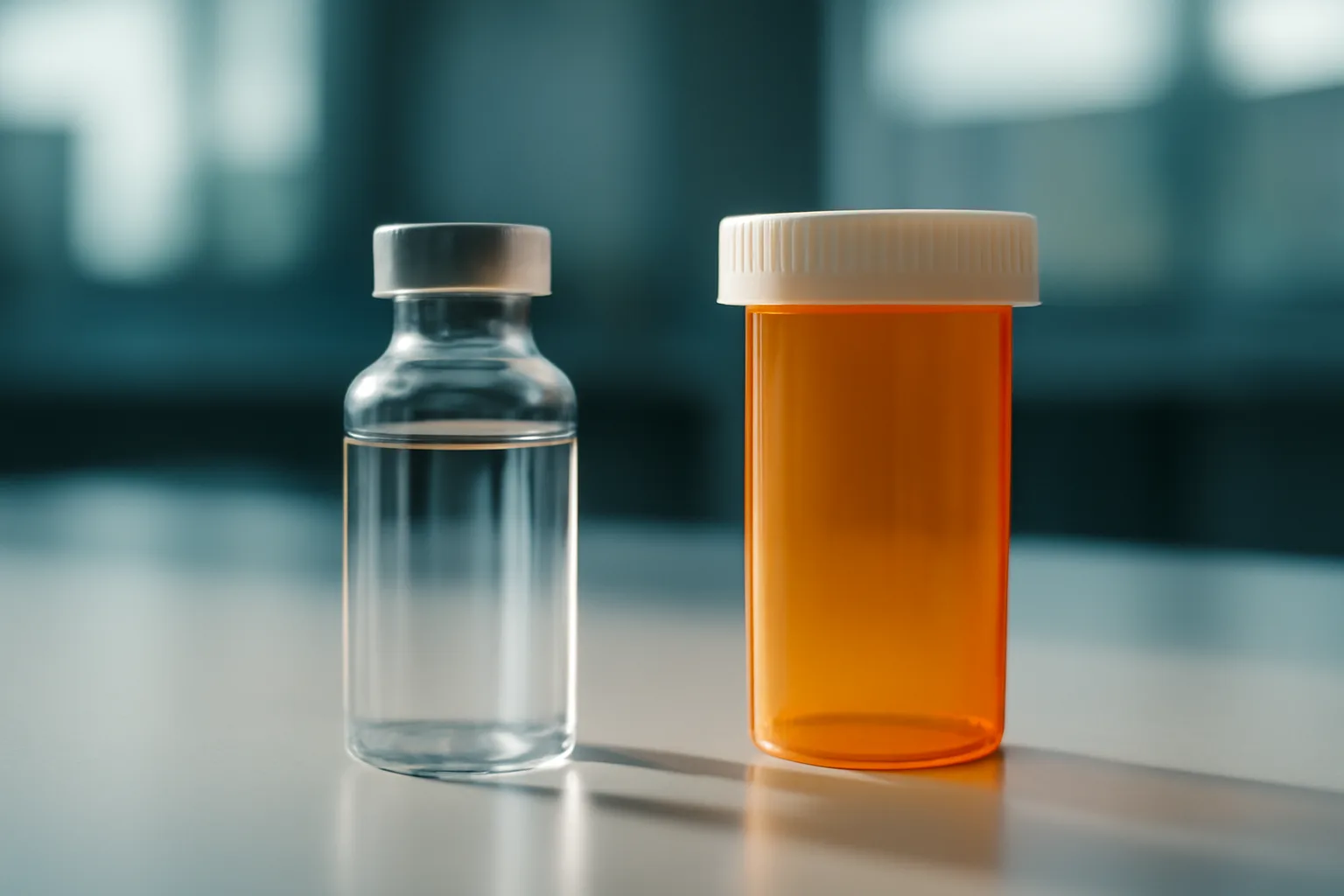 Glass vial and prescription pill bottle on laboratory bench comparing peptide and pharmaceutical medication