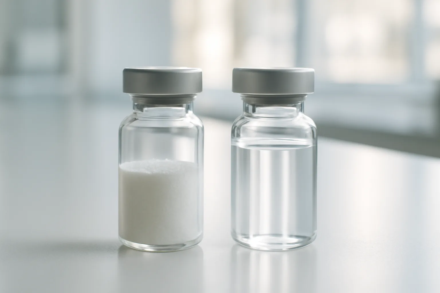 Two peptide vials on laboratory bench comparing Semax forms