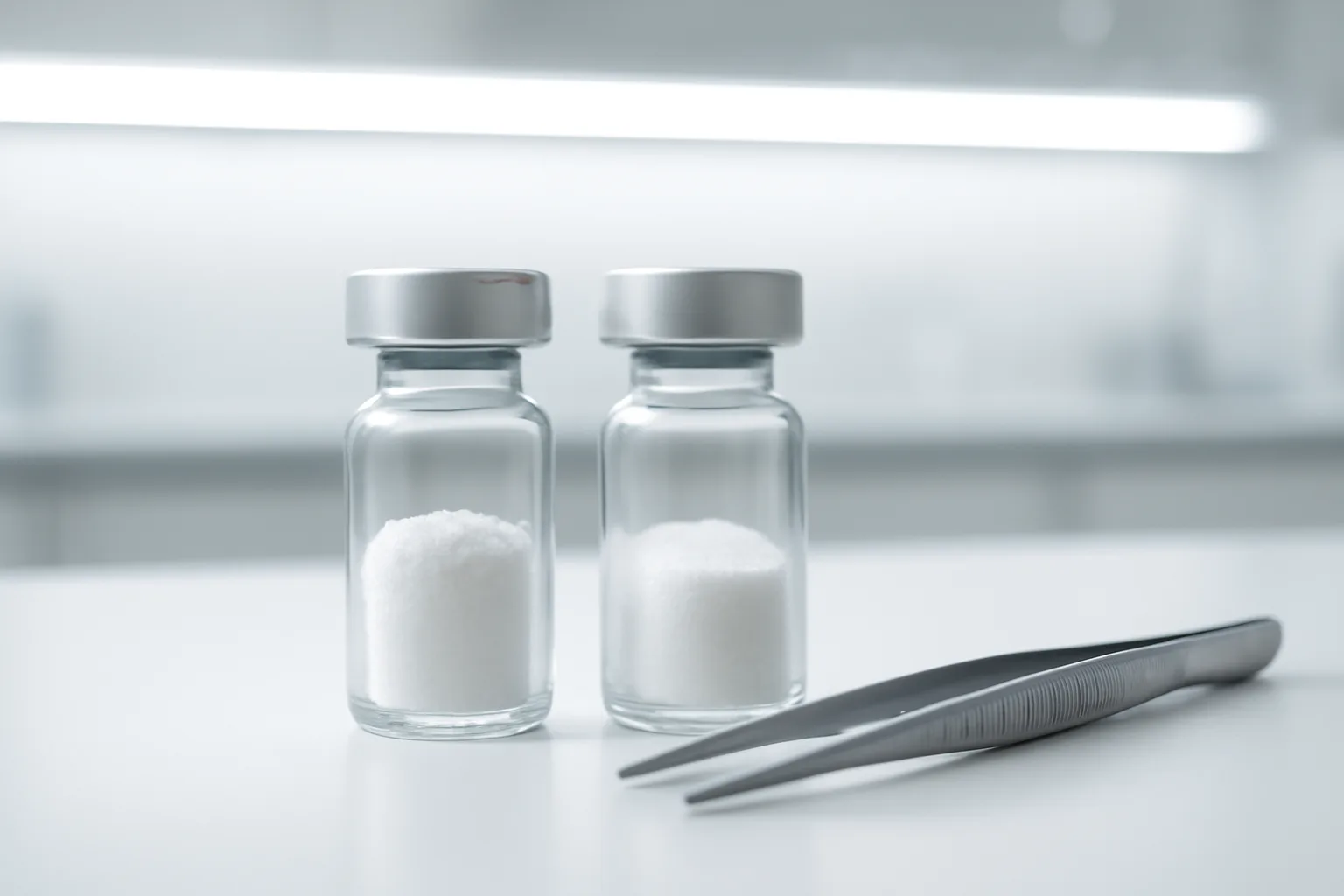 Two glass vials with peptide and crystalline powders on laboratory bench