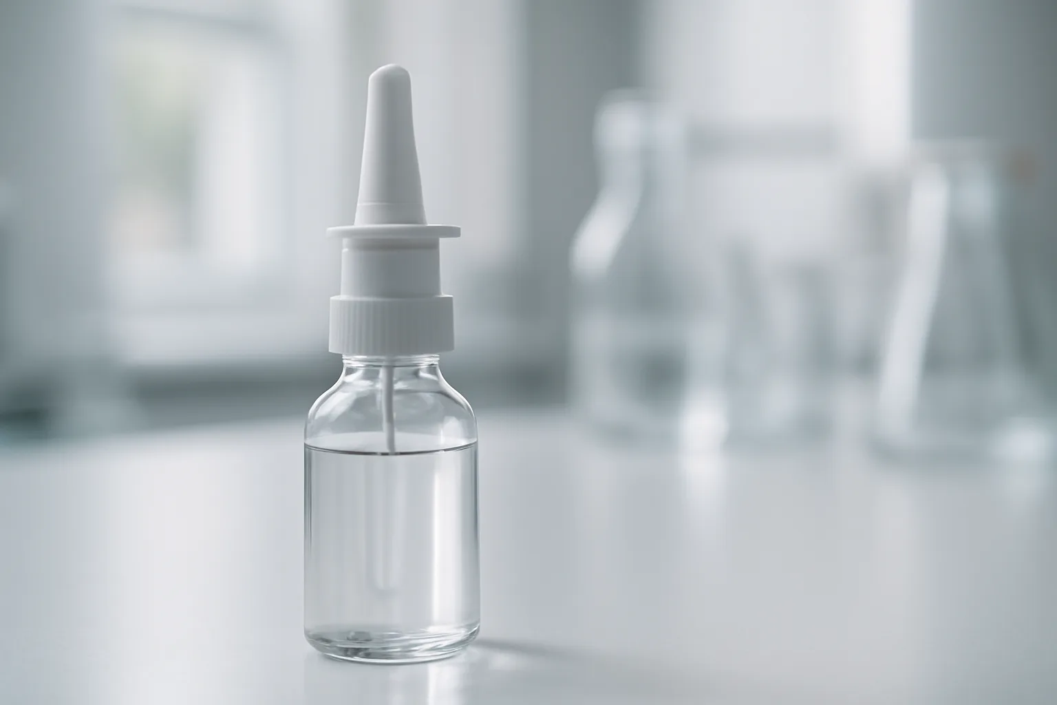 Nasal spray bottle on laboratory bench representing Semax intranasal delivery