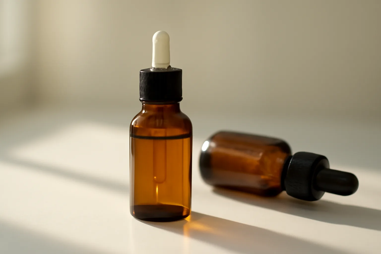 Two peptide nasal spray bottles on laboratory counter comparing Semax and Selank formulations