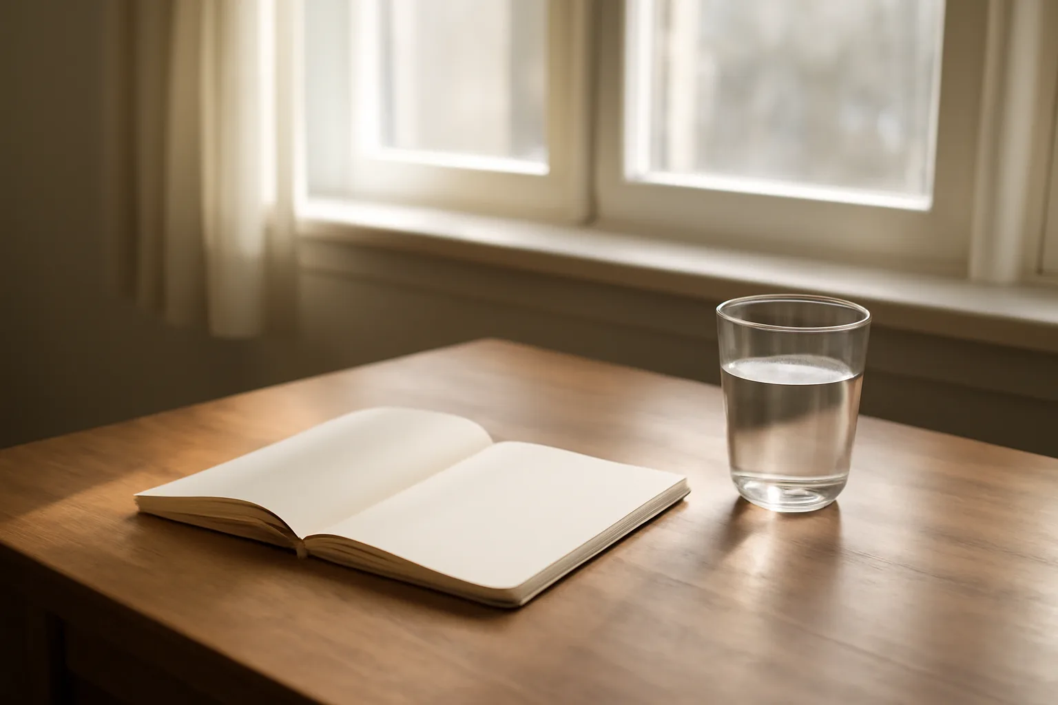 Morning desk scene with natural light and notebook for Semax timing routine