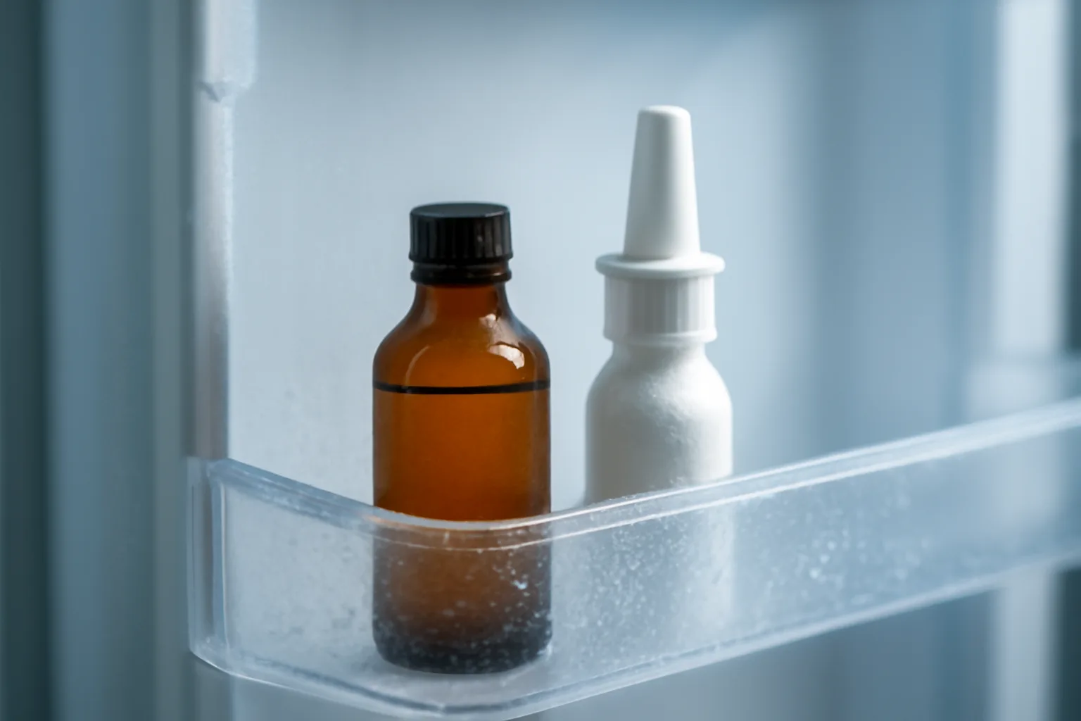 Amber peptide vial and nasal spray bottle stored on a refrigerator door shelf