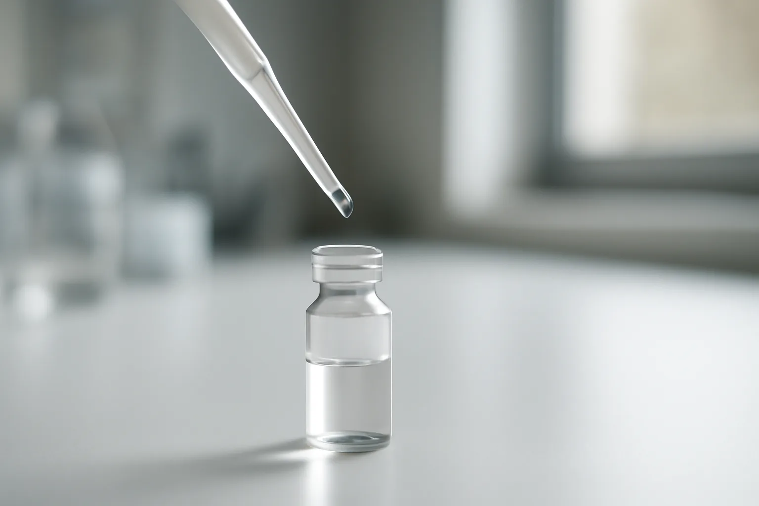 Pipette dispensing peptide solution into vial in research laboratory
