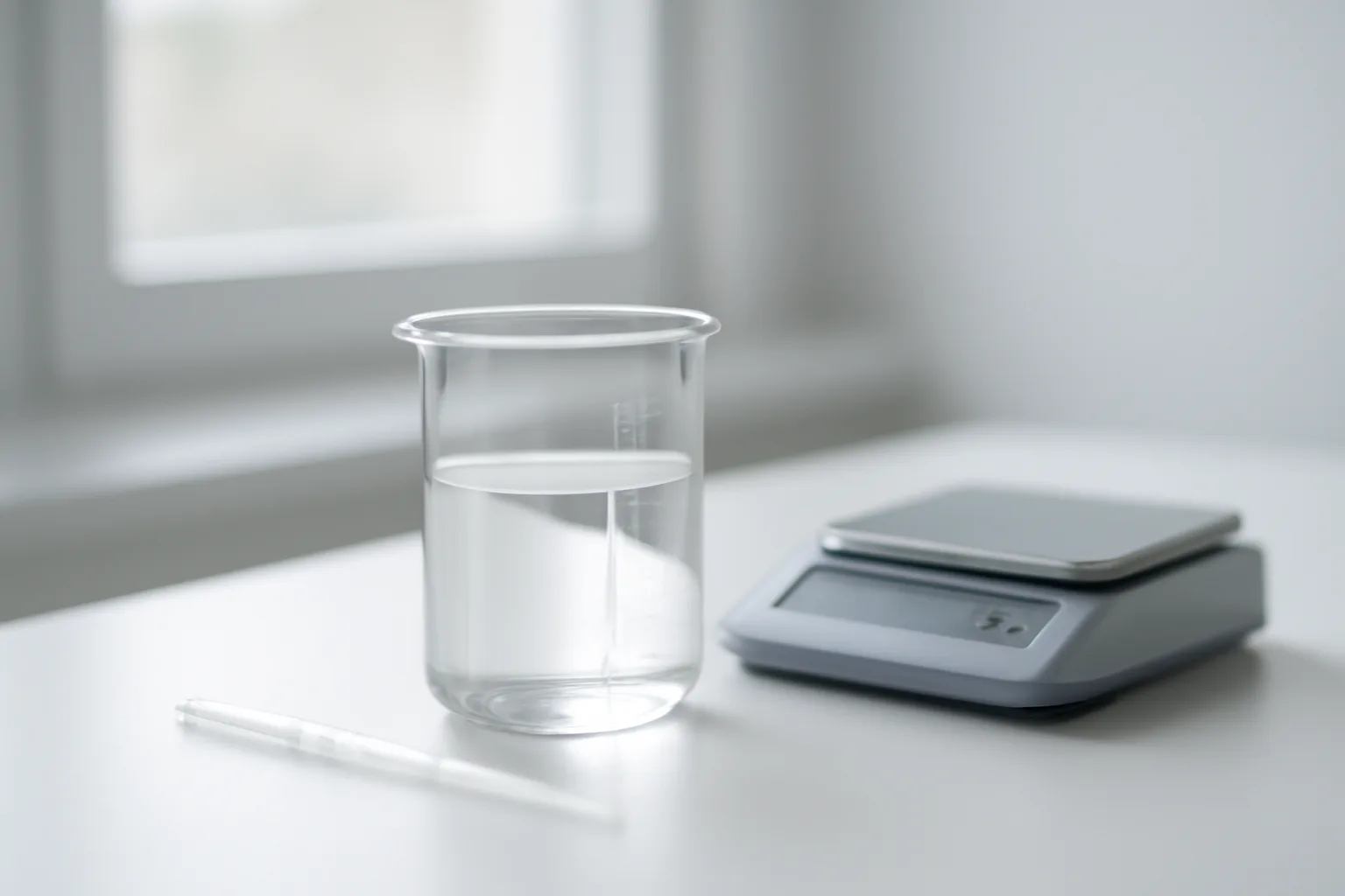 Laboratory beaker and precision scale for peptide dosing measurement