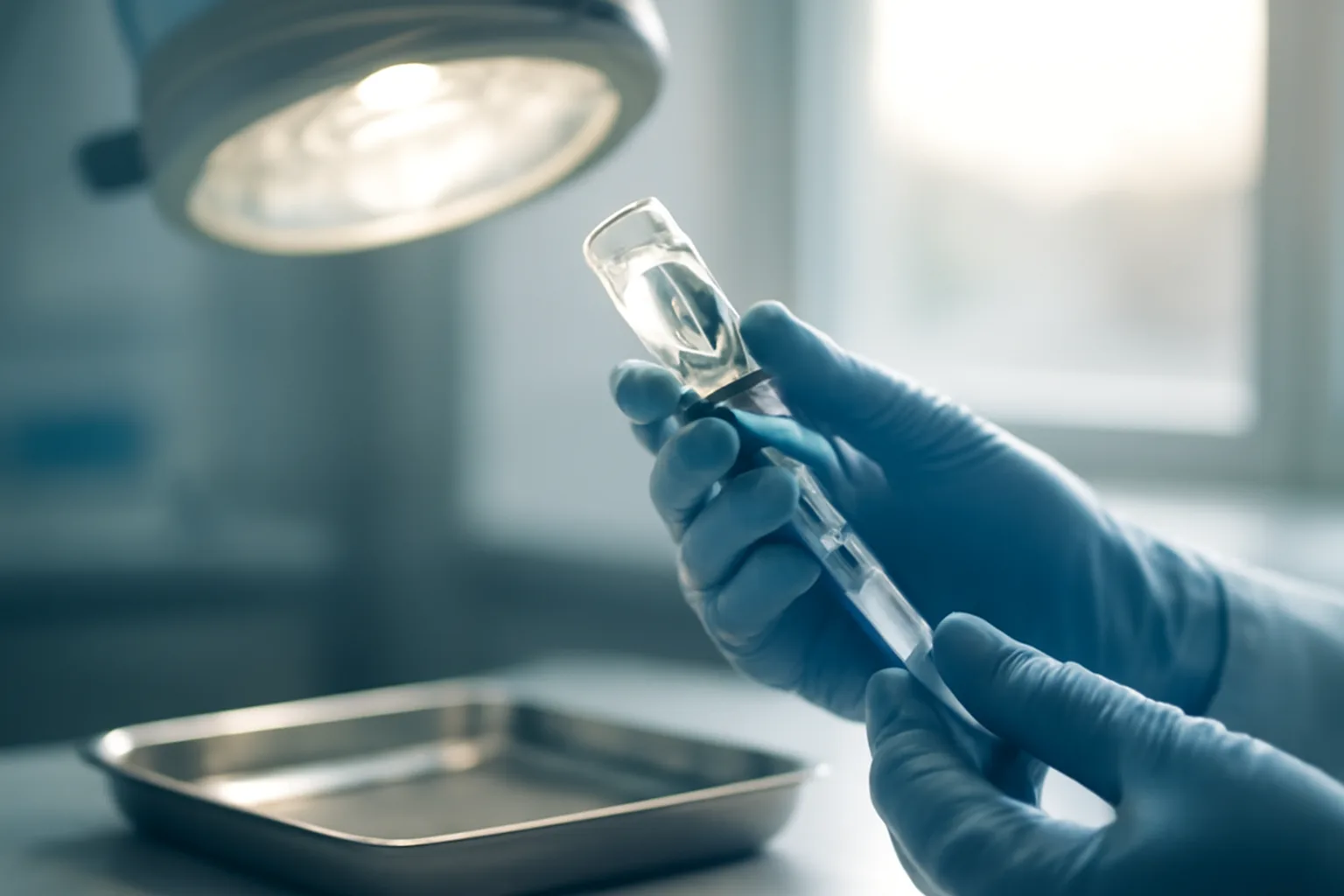 Gloved hands reconstituting a peptide vial with a syringe on a sterile tray
