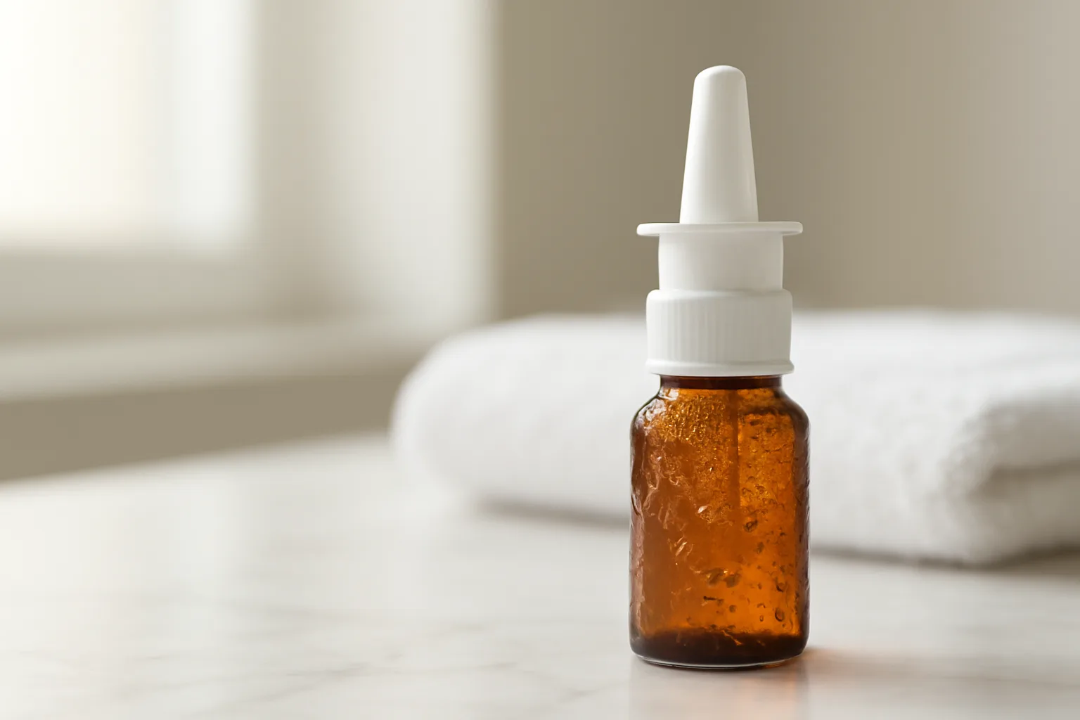 Amber nasal spray bottle on marble counter in natural light