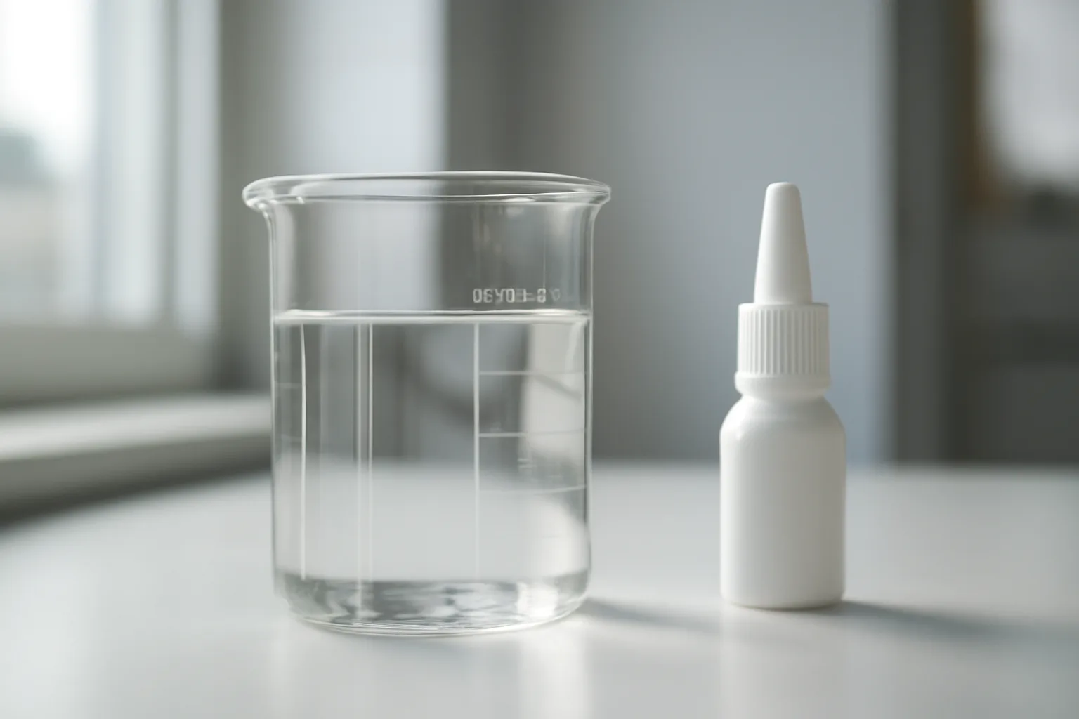 Glass beaker and unlabeled nasal spray bottle on lab counter, natural light