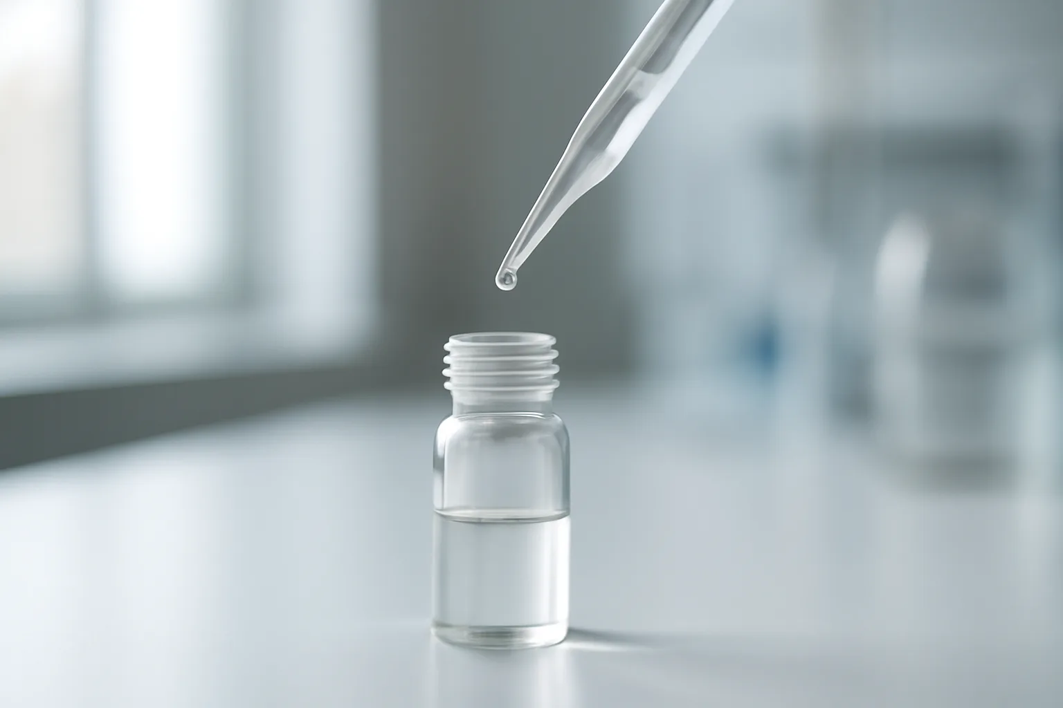 Laboratory pipette dispensing peptide solution into vial, research setting