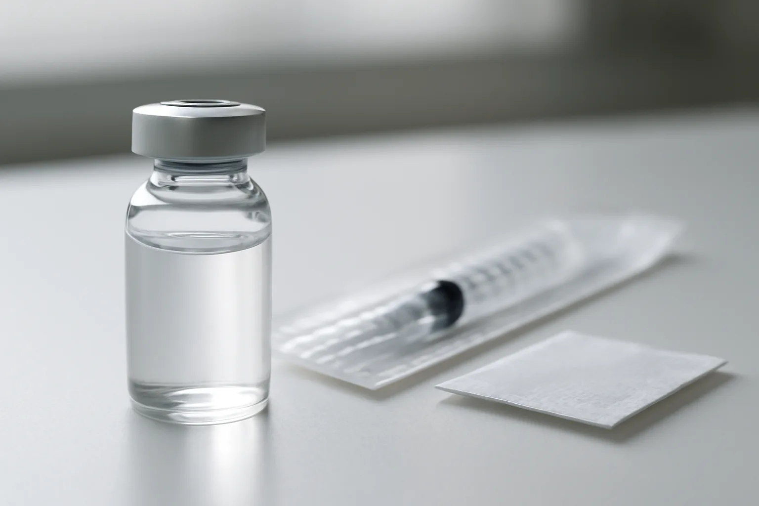 Medical vial and sterile syringe for peptide injection on clinic counter