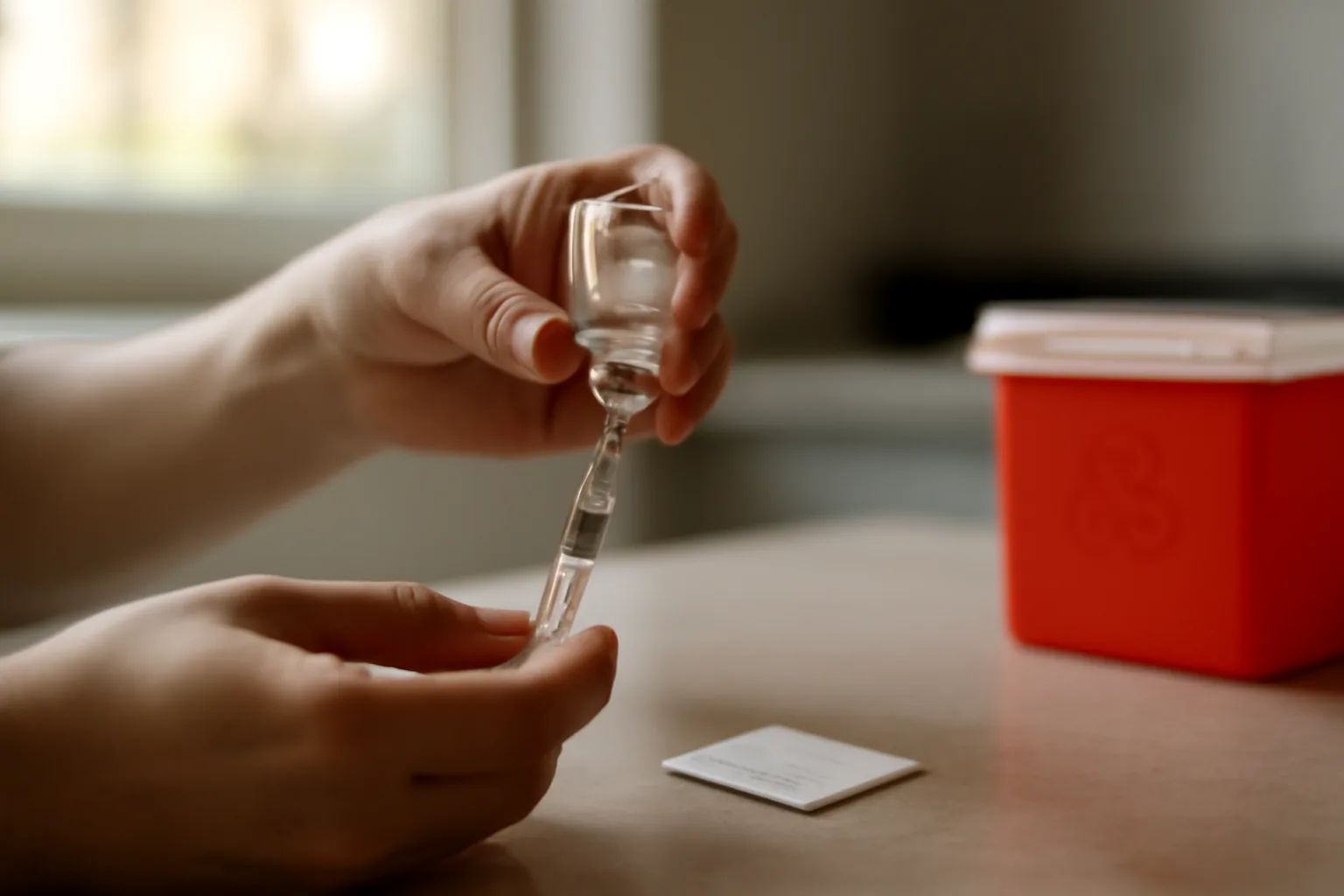Preparing Semax peptide injection with syringe and sterile supplies on clean surface