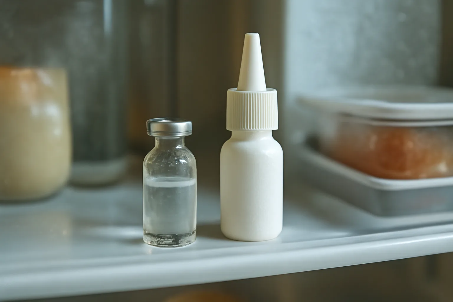 Nasal spray vial stored on a refrigerator door shelf illustrating semax storage and shelf life
