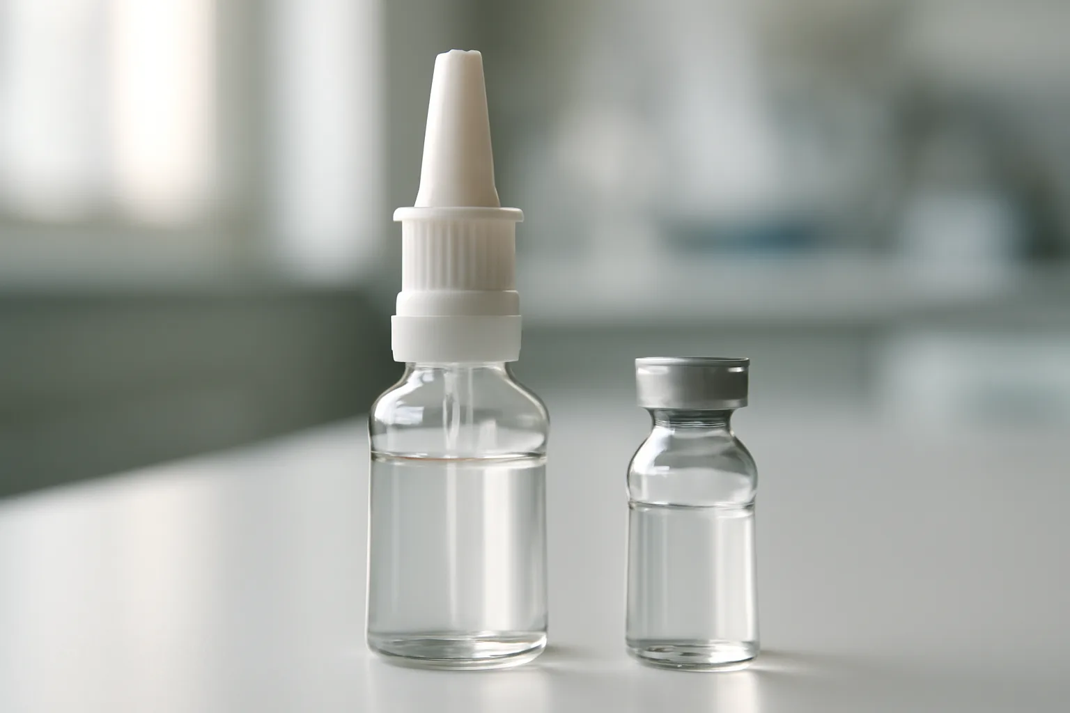 Nasal spray bottle and peptide vial on laboratory counter