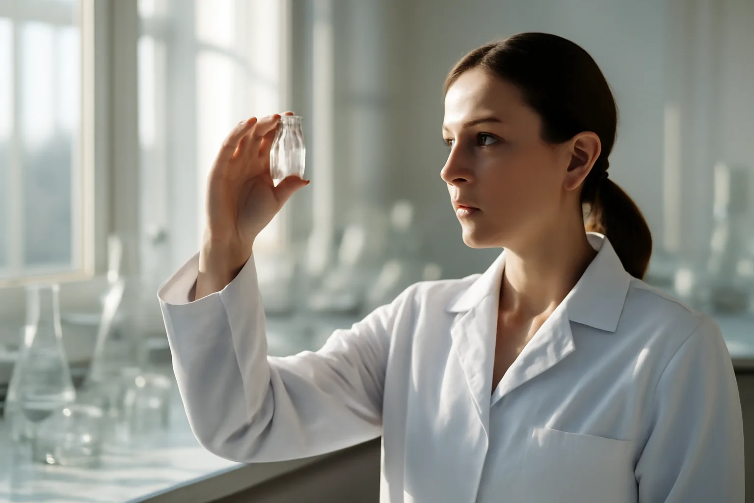 Researcher examining peptide vial in modern laboratory with natural light