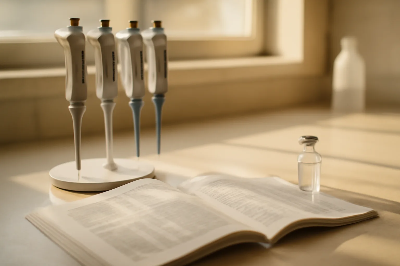 Laboratory bench with scientific journals and peptide research vials