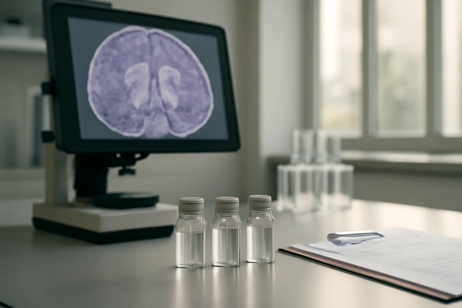 Neuroscience research laboratory workspace with study materials and microscopy equipment