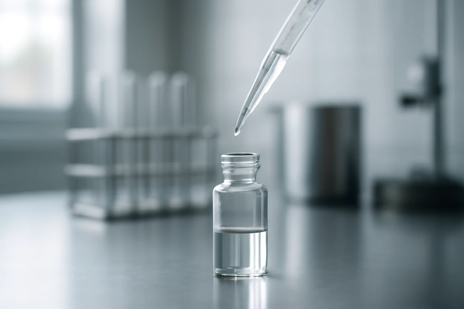 Laboratory pipette transferring peptide solution into vial on research benchtop