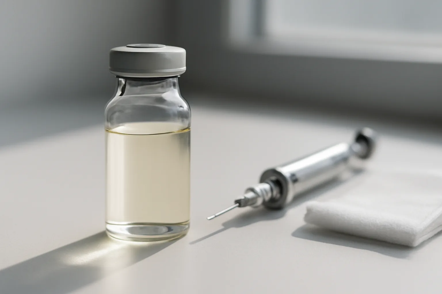 Laboratory vial with peptide solution on sterile lab bench in clinical setting