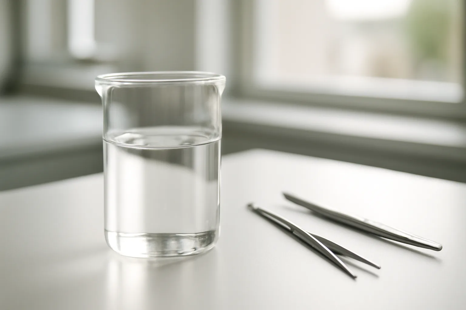 Laboratory beaker with clear peptide solution in research setting
