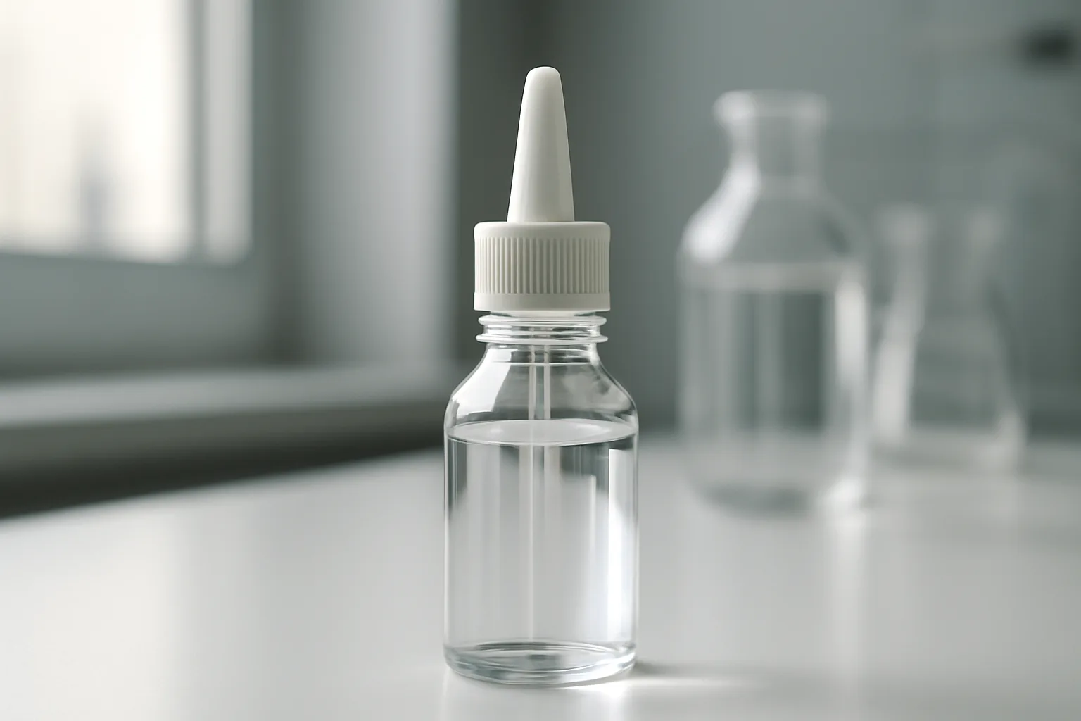 Nasal spray bottle on laboratory counter representing Semax peptide administration