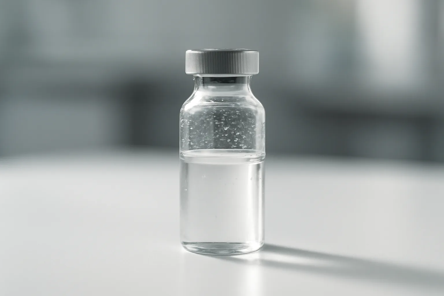 Glass vial on laboratory bench representing peptide research and Semax formulation