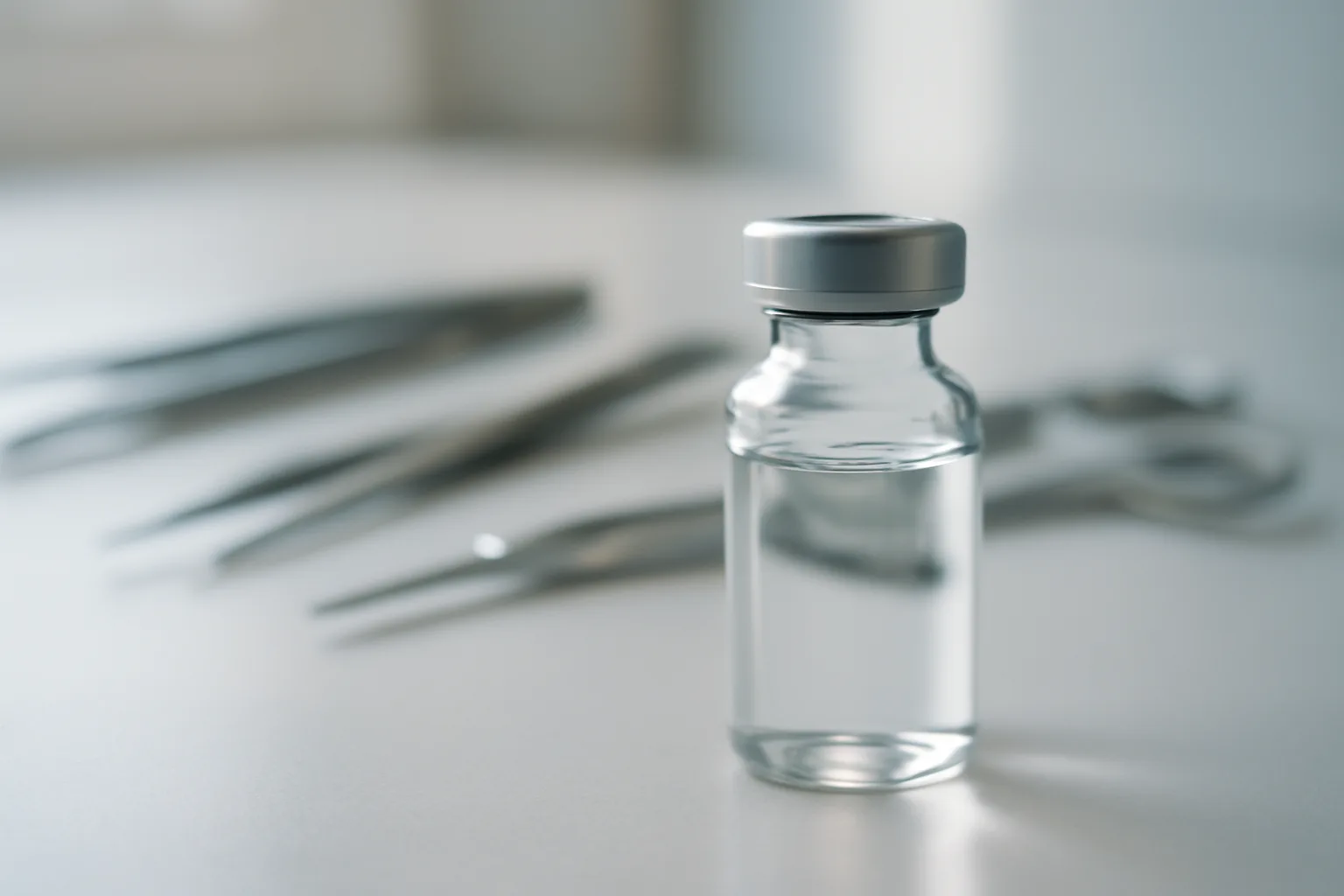 Clear peptide vial on laboratory bench, representing Semax safety research context