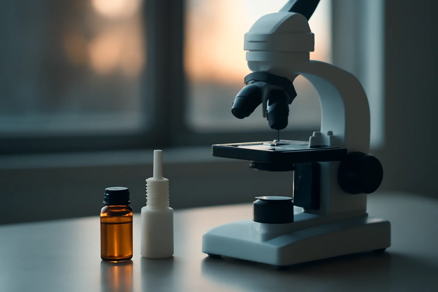 Amber vial and nasal spray bottle on a lab bench, evoking semax safety research