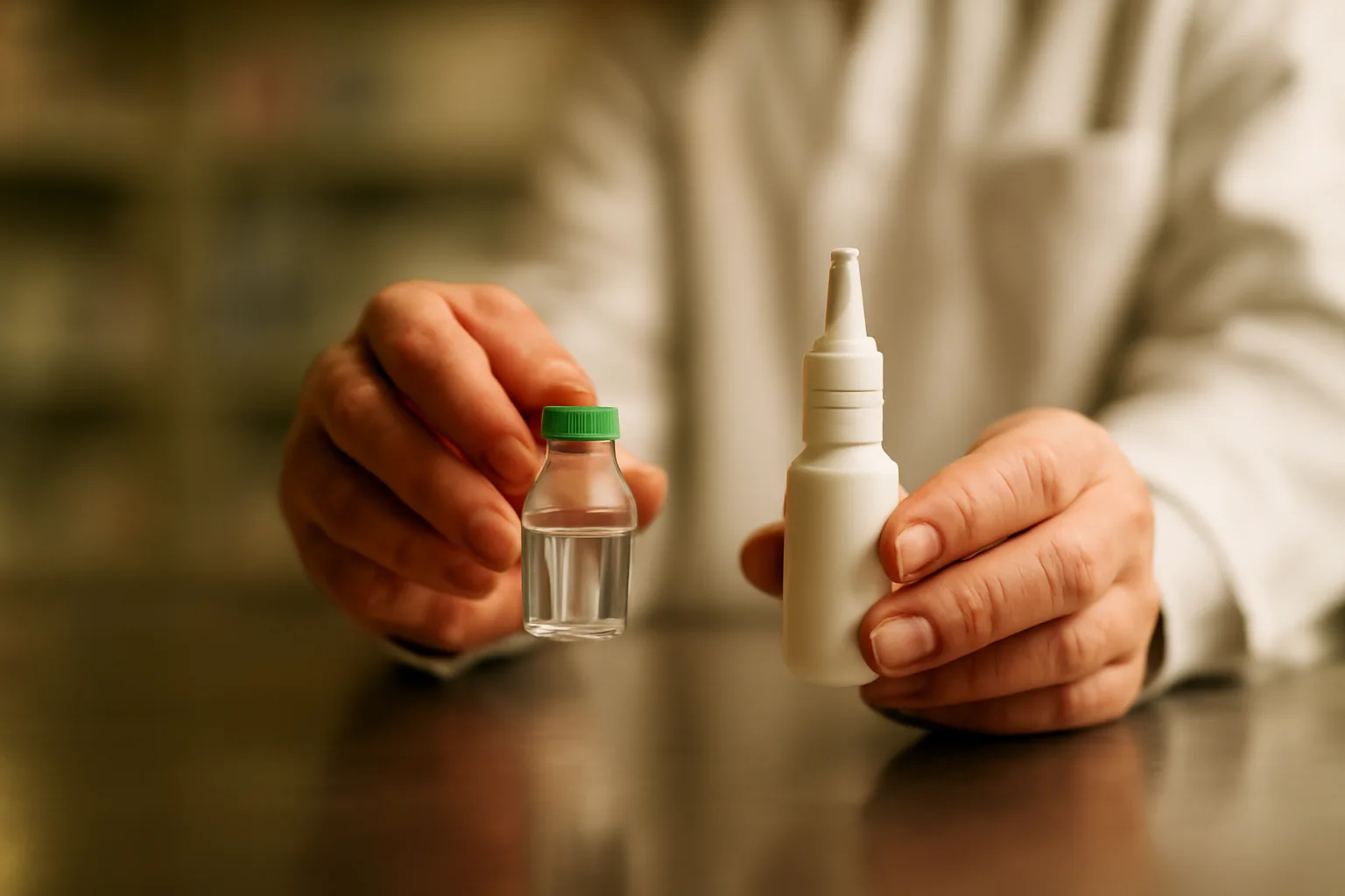 Pharmacist comparing a vial and nasal spray bottle, illustrating Semax drug interaction caution