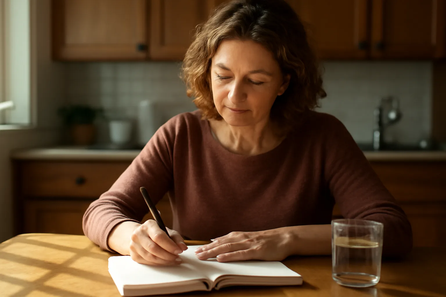 Woman writing in journal at kitchen table in natural morning light