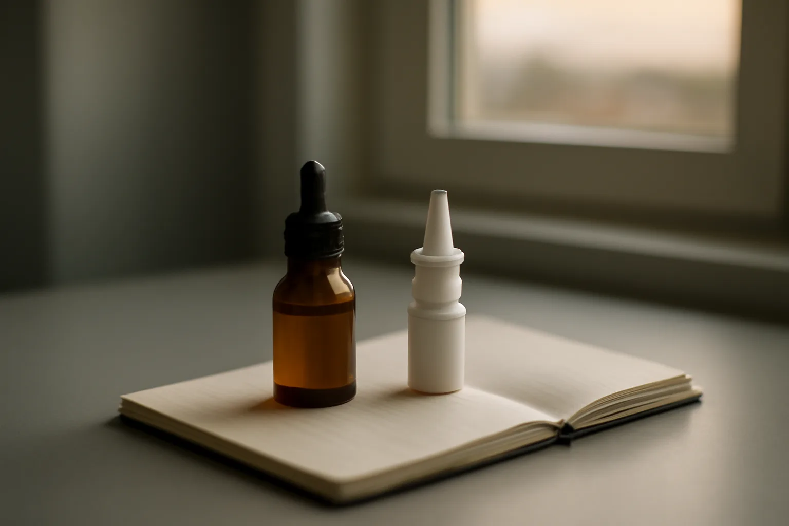Amber vial and nasal spray bottle on a desk representing Semax long term side effects research