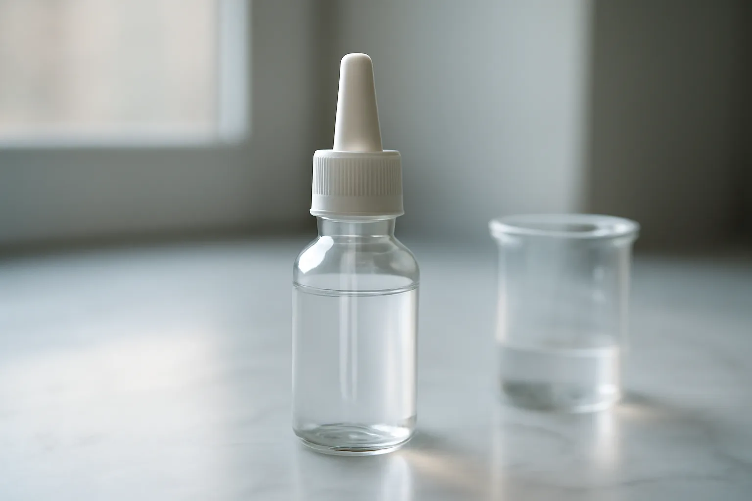 Clear nasal spray bottle and beaker on marble surface in natural light