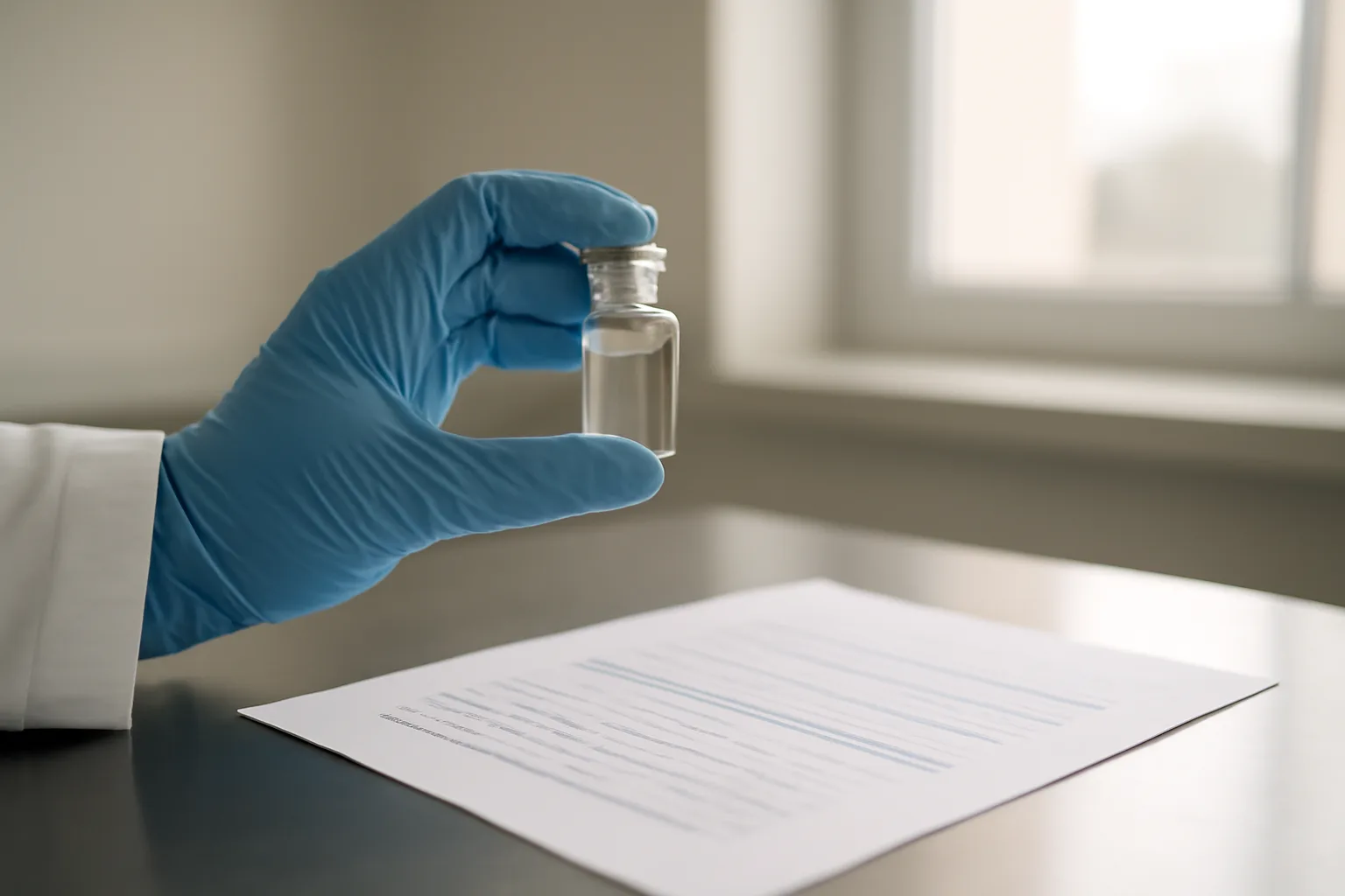 gloved hand inspecting a glass peptide vial beside a lab report under window light
