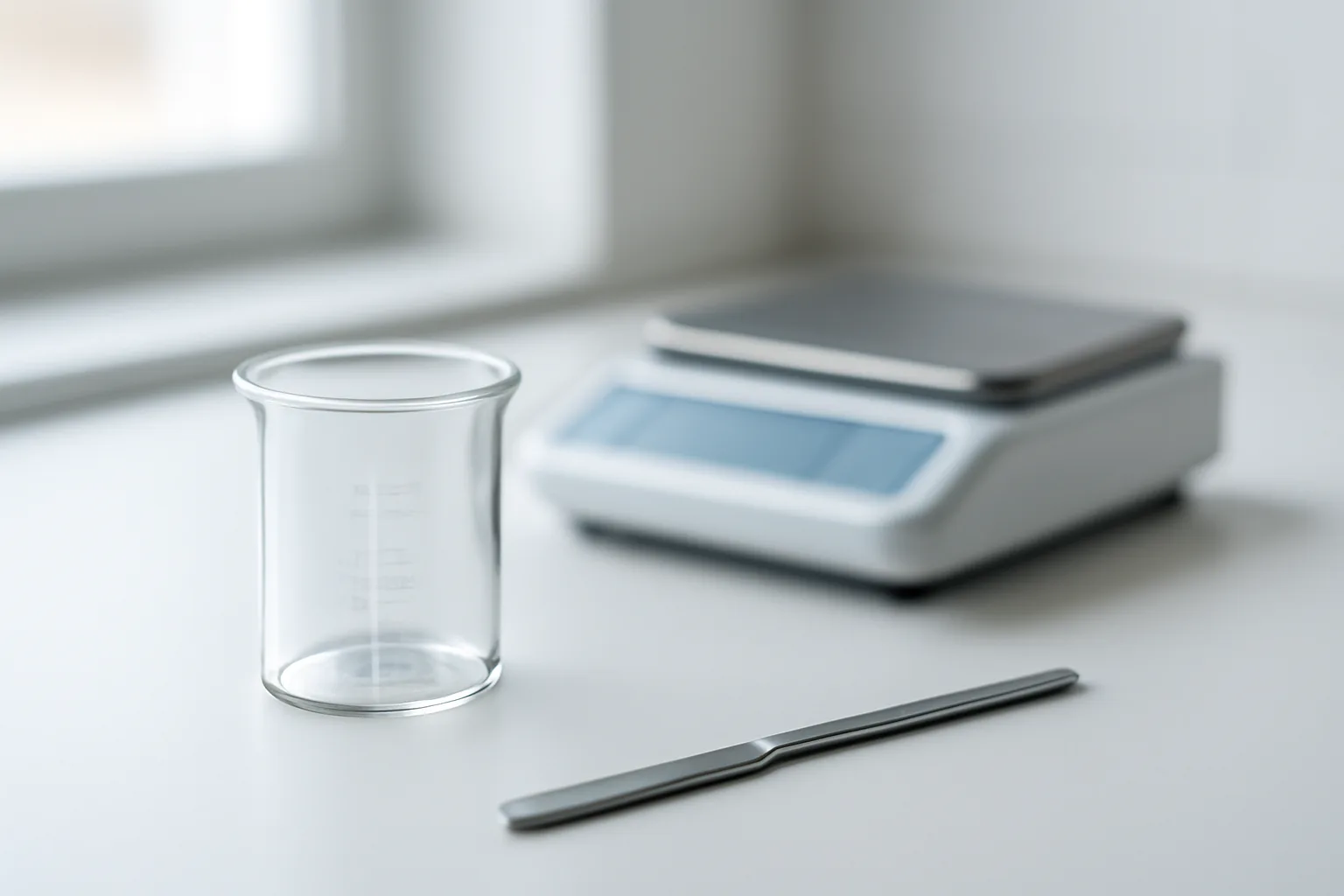 Compounding pharmacy lab bench with measuring equipment and natural light