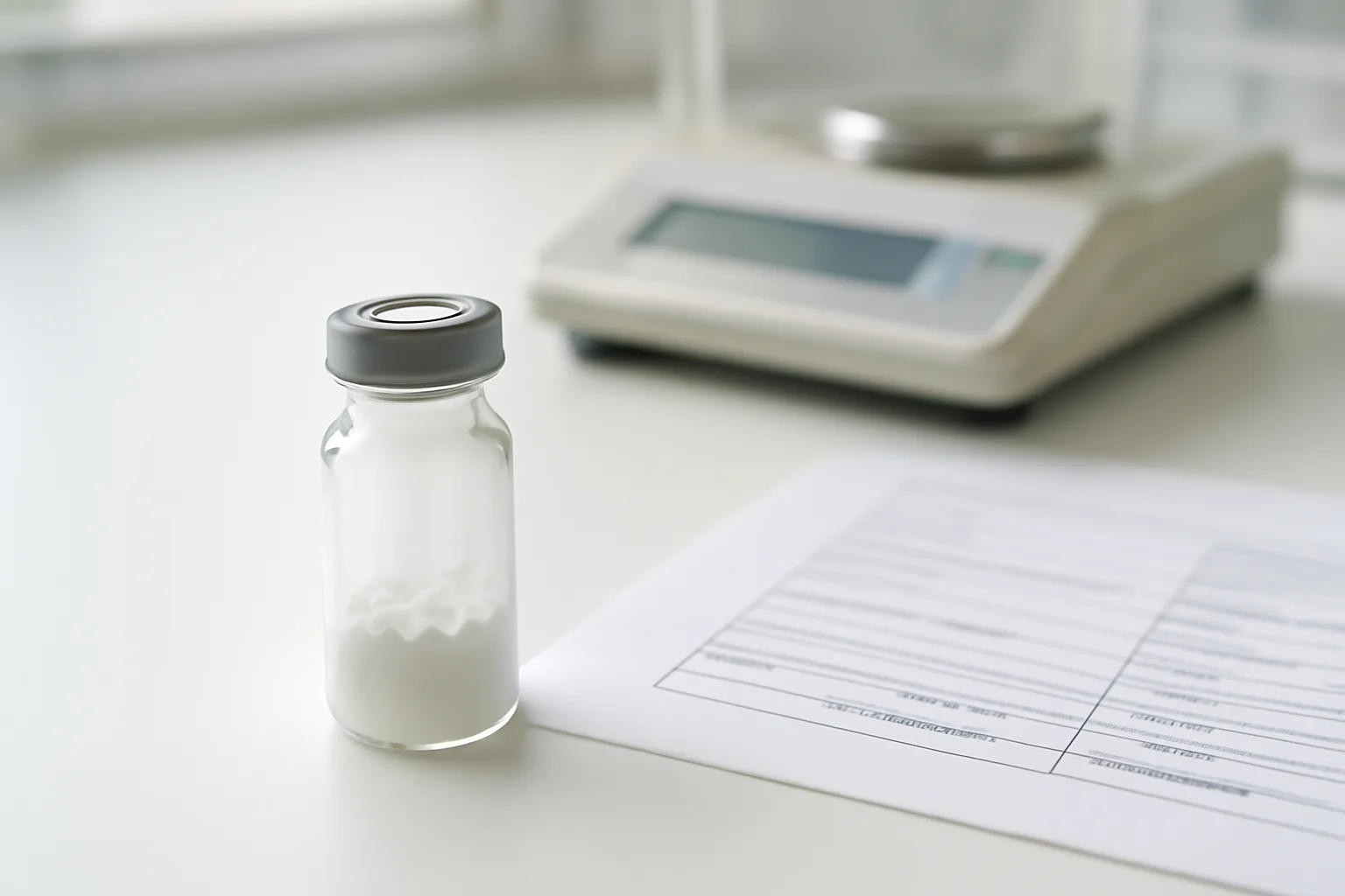 Laboratory vial with lyophilized peptide and certificate of analysis document on analytical bench