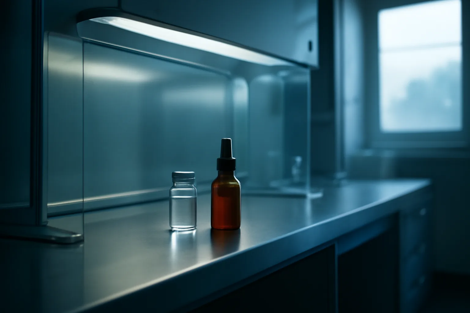Sterile pharmacy compounding hood with vial, contrasting regulated preparation of Semax