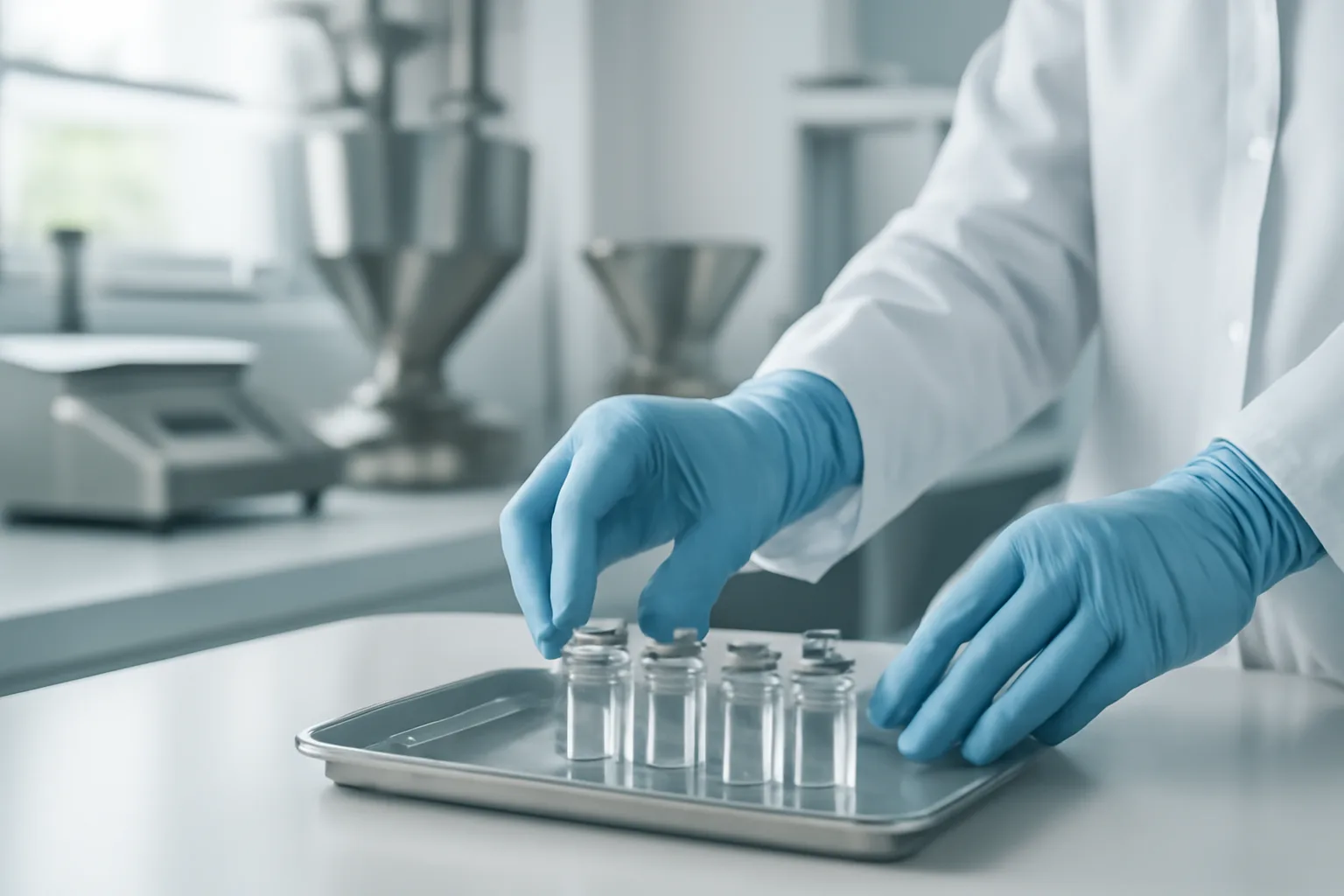 Compounding pharmacy workspace with sterile equipment and vials being prepared by a pharmacist