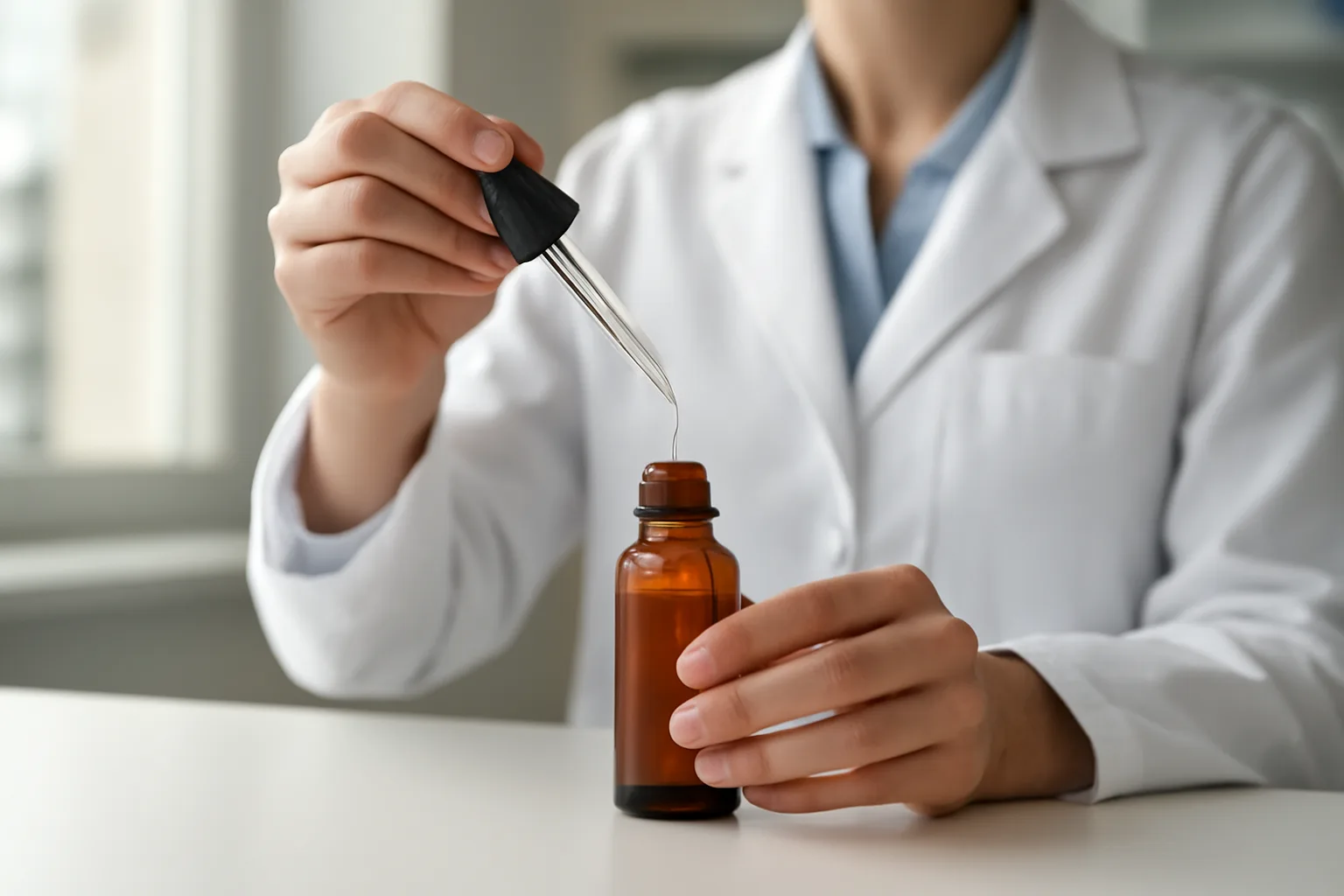 Pharmacist preparing compounded nasal spray in modern pharmacy setting