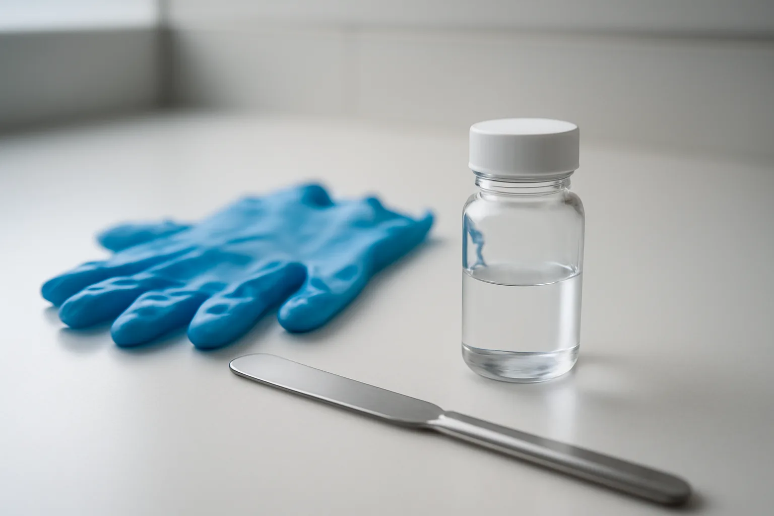 Compounding pharmacy vial and tools on clean white surface
